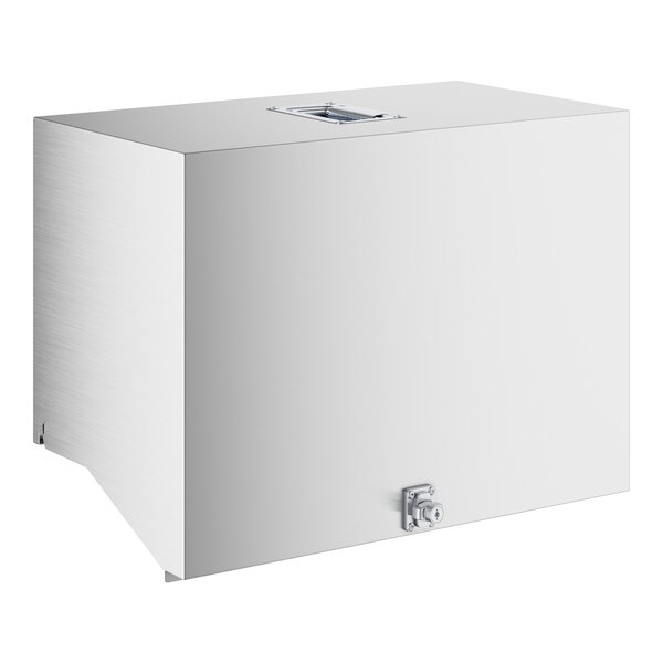 A stainless steel cover for a white metal box with a handle.