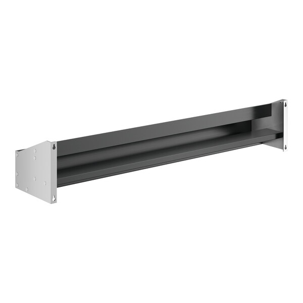 A black rectangular object with two silver metal shelves.