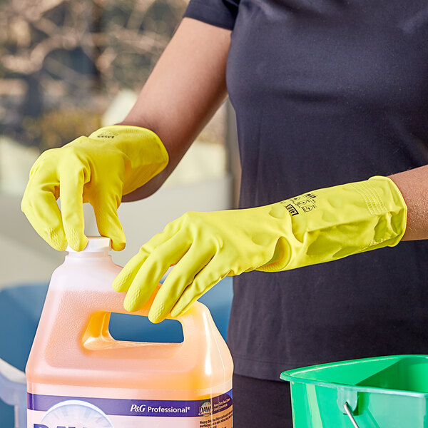 Lavex 12" Yellow 15 Mil Latex Rubber Gloves with Flock Lining - Pair - 12/Pack