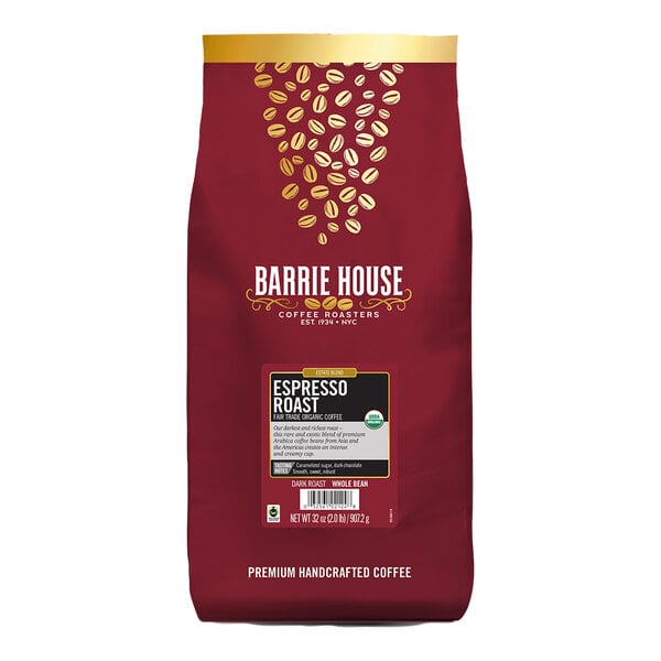 A Barrie House red bag of Fair Trade Organic Espresso Roast Whole Bean Coffee.