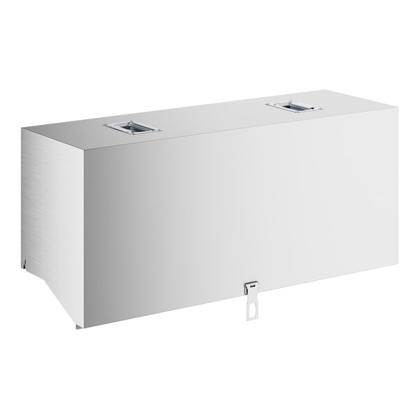 A rectangular stainless steel cover with two recessed handles on top and a latch on the front.