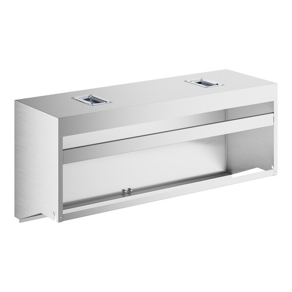 A rectangular stainless steel cover with a hinged front panel and two recessed handles on the top.