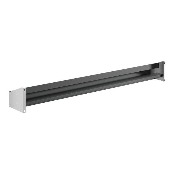 A black and silver metal speed rail shelf with holes.