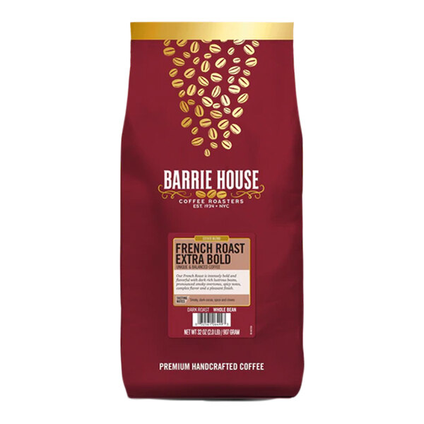 A red Barrie House coffee bag filled with whole bean coffee.