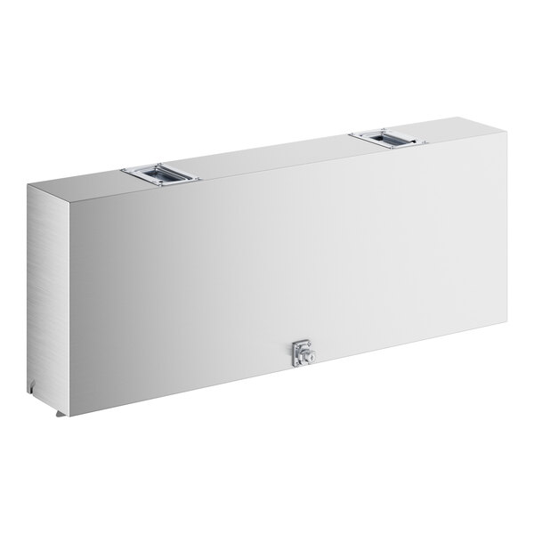 A rectangular stainless steel cover with a smooth surface, two recessed handles on top, and a small latch or lock on the front.