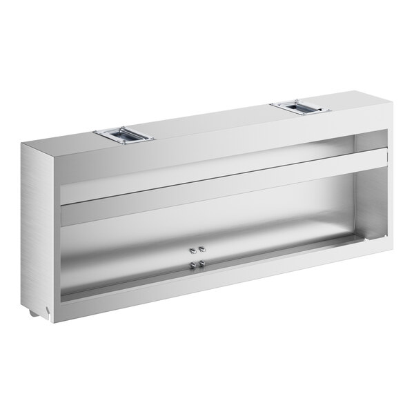 A rectangular stainless steel cover with a brushed finish, designed to fit over a 30-inch single tier speed rail, featuring two recessed handles on the top.