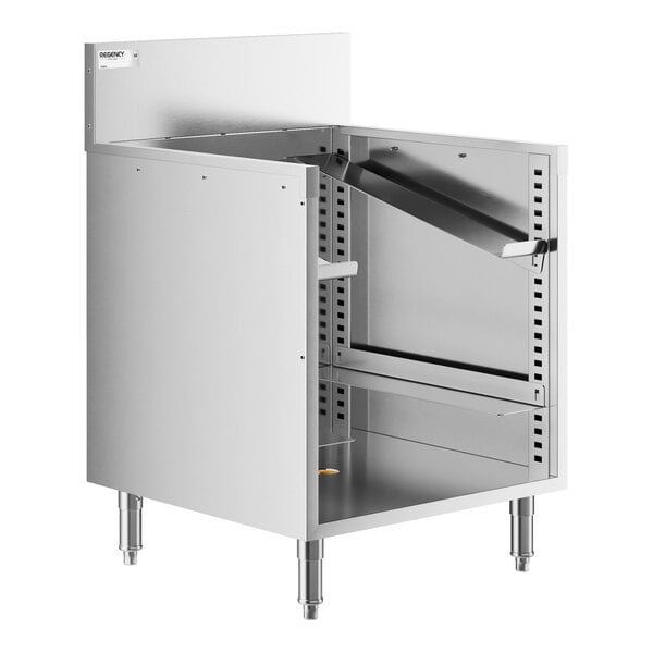 A stainless steel open-frame storage unit with adjustable interior supports and four legs, designed for commercial use.