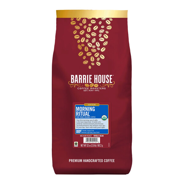A red and white bag of Barrie House Fair Trade Organic Morning Ritual Whole Bean Coffee.