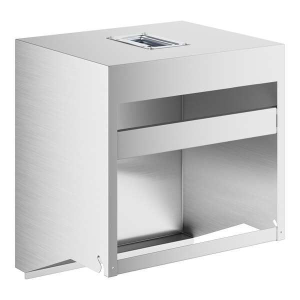 A silver rectangular stainless steel cover with a hole.