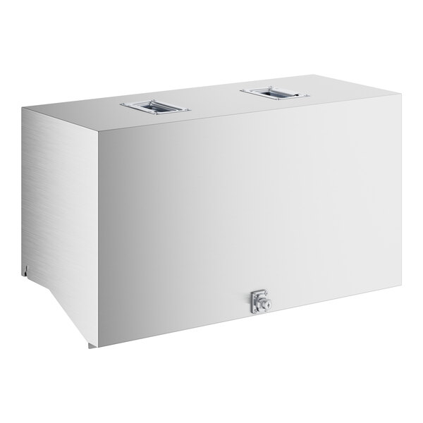 A white rectangular stainless steel cover with two holes.