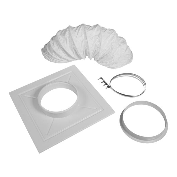 A white square Kwikool ceiling kit with a round hole.