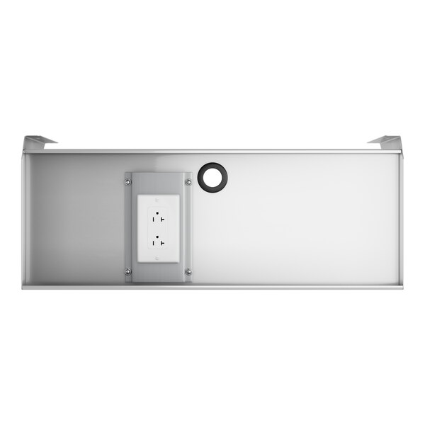 A white rectangular stainless steel shelf with a hole in the middle.