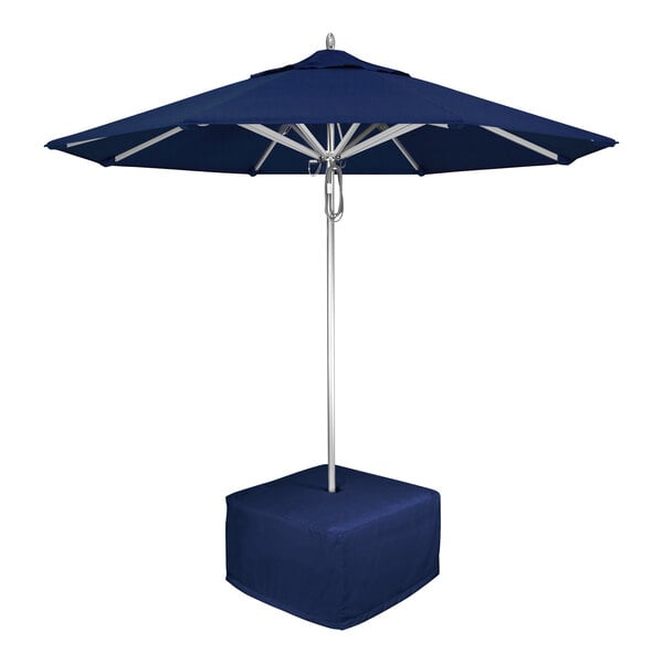 A blue California Umbrella with a white pole over a white background.