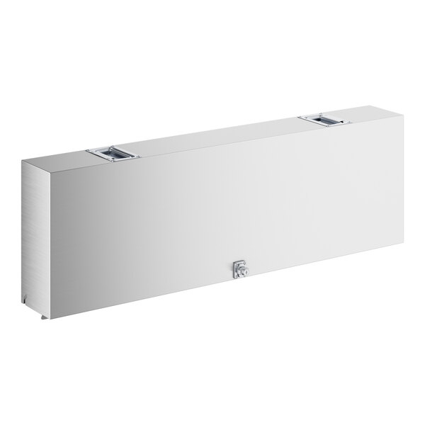 A rectangular stainless steel cover with a smooth surface, two recessed handles on top, and a small latch on the front.