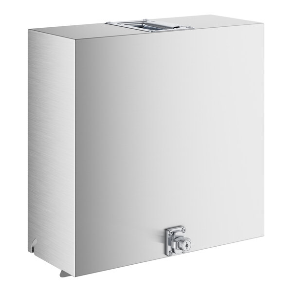 A rectangular stainless steel box with a lock at the bottom and a handle on top.