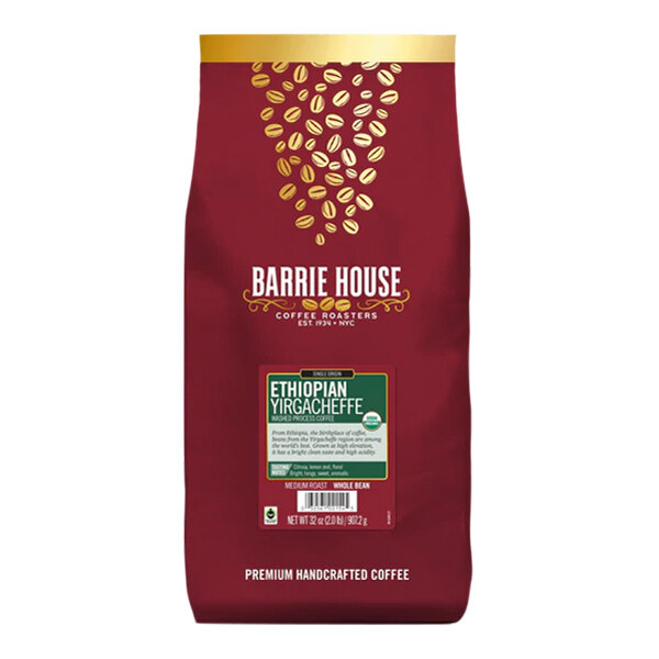 A red bag of Barrie House Fair Trade Organic Ethiopian Yirgacheffe Whole Bean Coffee with a white label.
