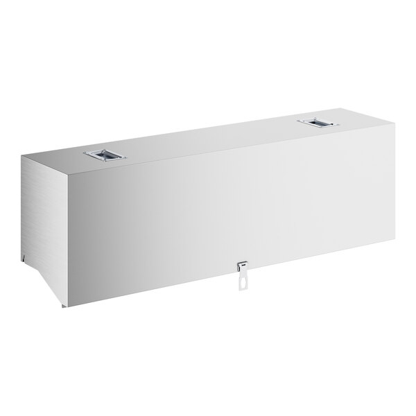 A rectangular stainless steel cover with two recessed handles on top and a latch on the front.