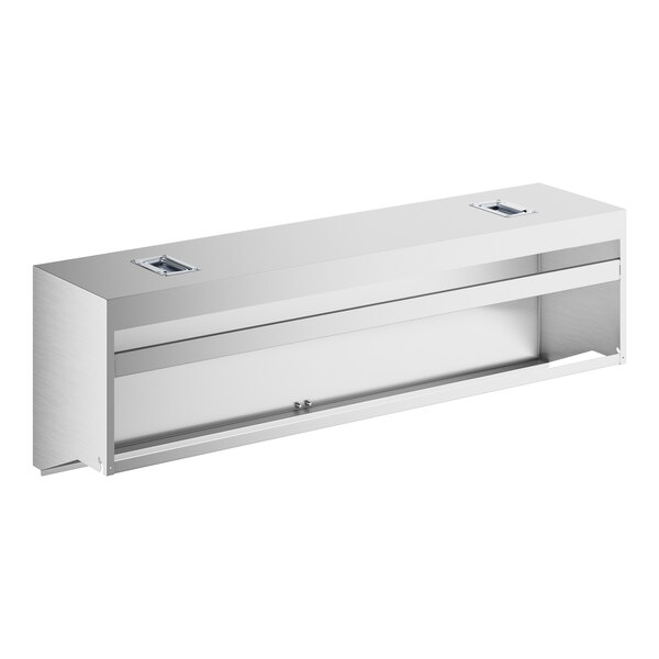 A rectangular stainless steel cover with an open front and two recessed handles on the top surface.