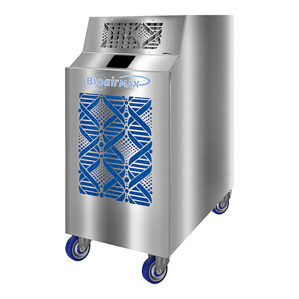 A stainless steel Kwikool air purifier with blue wheels.