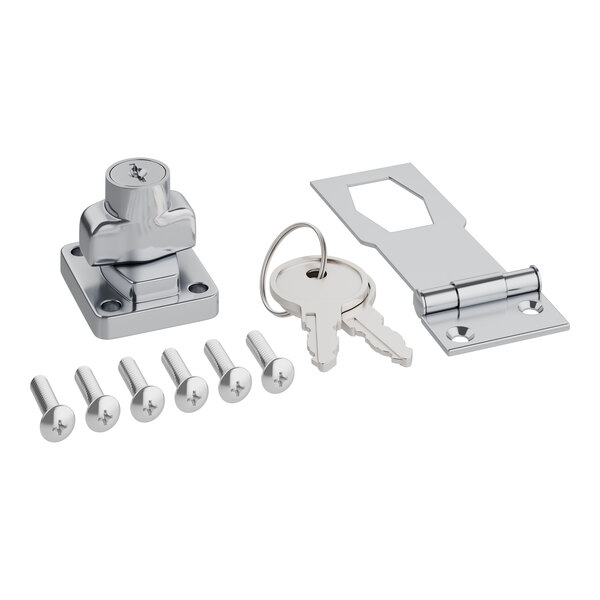 A white Regency stainless steel cover for a double tier speed rail with a lock and keys.