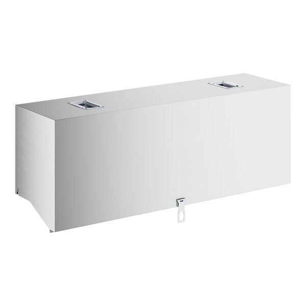 A rectangular stainless steel cover with two recessed handles on top and a latch on the front.