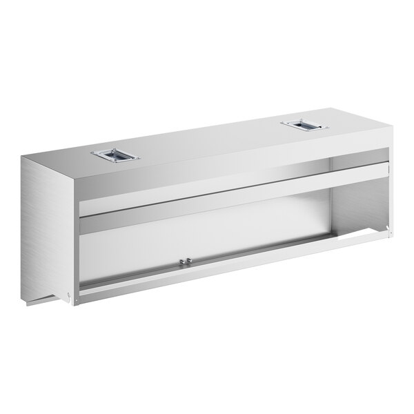 A rectangular stainless steel cover with an open front and two recessed handles on the top surface.