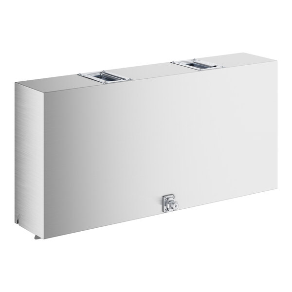 A rectangular stainless steel cover with two recessed handles on top and a latch on the front.