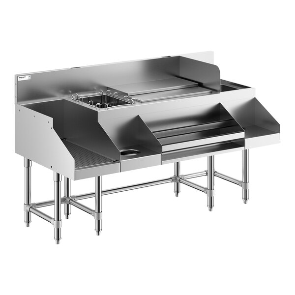 A stainless steel combination cocktail station with multiple compartments, a drainboard, and elevated legs.