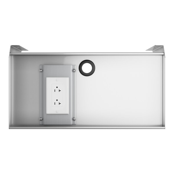 A white rectangular stainless steel shelf with a hole in the center.