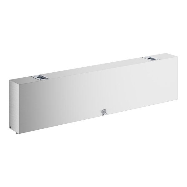 A rectangular stainless steel cover with a smooth surface, two recessed handles on top, and a small latch or lock at the front center.