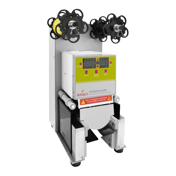 A Bossen bubble tea sealing machine in a white box with a yellow and black digital display.