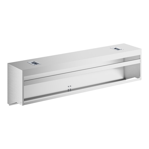 A silver metal rectangular cover with shelves inside.