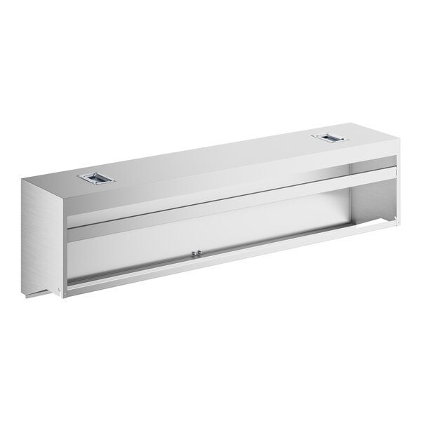A rectangular stainless steel cover with an open front and two square cutouts on the top surface.