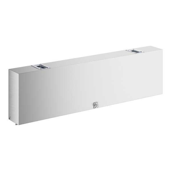 A rectangular stainless steel cover with a smooth surface, two metal handles on top, and a small latch at the front center.