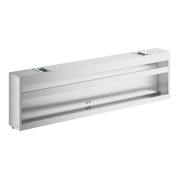 A rectangular stainless steel cover with a sleek, open-front design and two latches on the top.