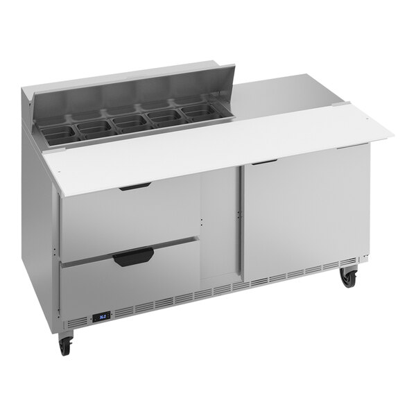 A Beverage-Air sandwich prep table with drawers on a stainless steel counter.