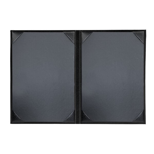 Two black rectangular H. Risch, Inc. leather menu covers with black picture corners.
