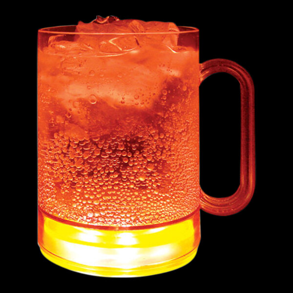 A customizable plastic mug with orange LED light inside filled with a drink and ice.