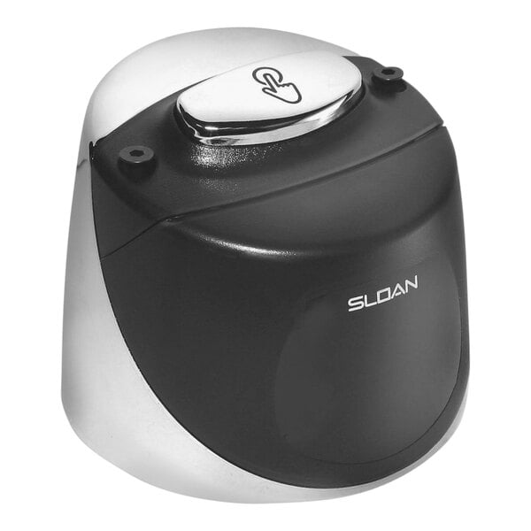 A black and silver Sloan G2 and ECOS single flush cover assembly with a black and white button.
