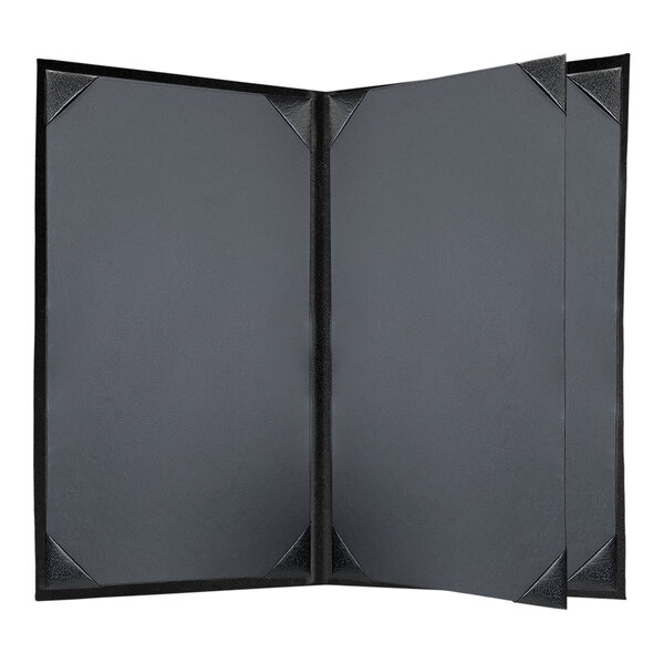 A black H. Risch, Inc. Tuxedo leather menu cover with black corners.