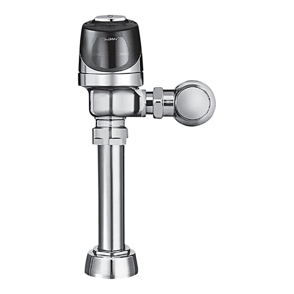 A chrome Sloan water valve for a urinal.