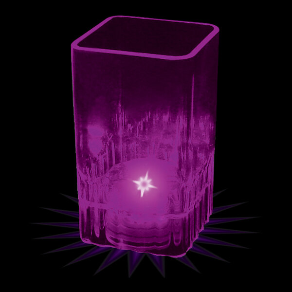 A purple plastic square shot cup with a purple LED light inside.