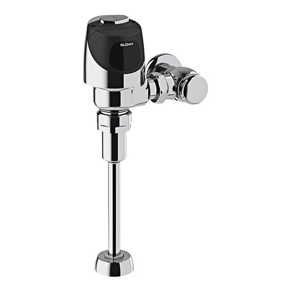 A chrome Sloan urinal flushometer with black and chrome accents.