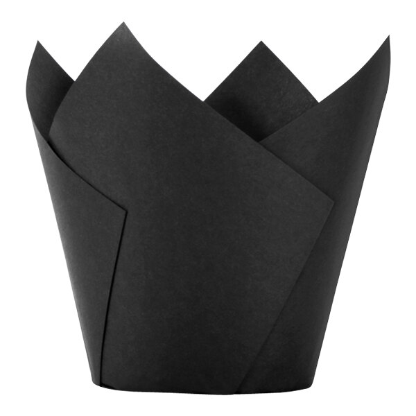 A black folded Hoffmaster tulip baking cup.