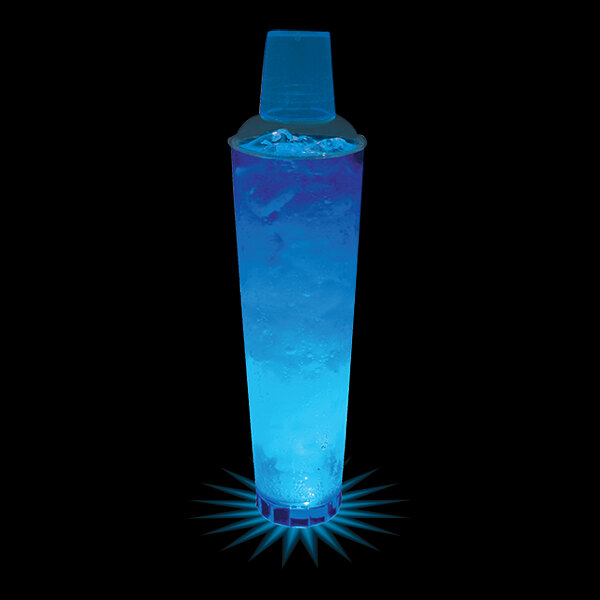 A customizable plastic shaker cup with a blue LED light.