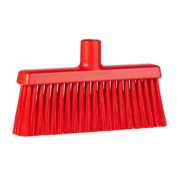 A red Vikan lobby broom head with flagged / unflagged bristles.
