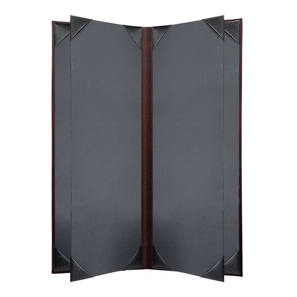 A black and brown leather menu cover with picture corners on a wooden frame.
