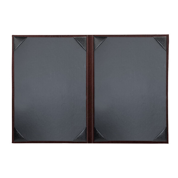 A brown rectangular menu cover with black and brown picture corners.