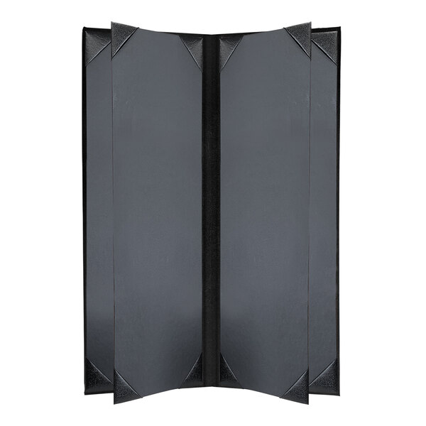 A black rectangular H. Risch, Inc. Tuxedo Leather menu cover with black picture corners.