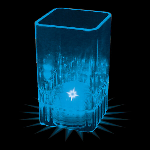 A blue plastic square shot cup with a blue LED light inside.
